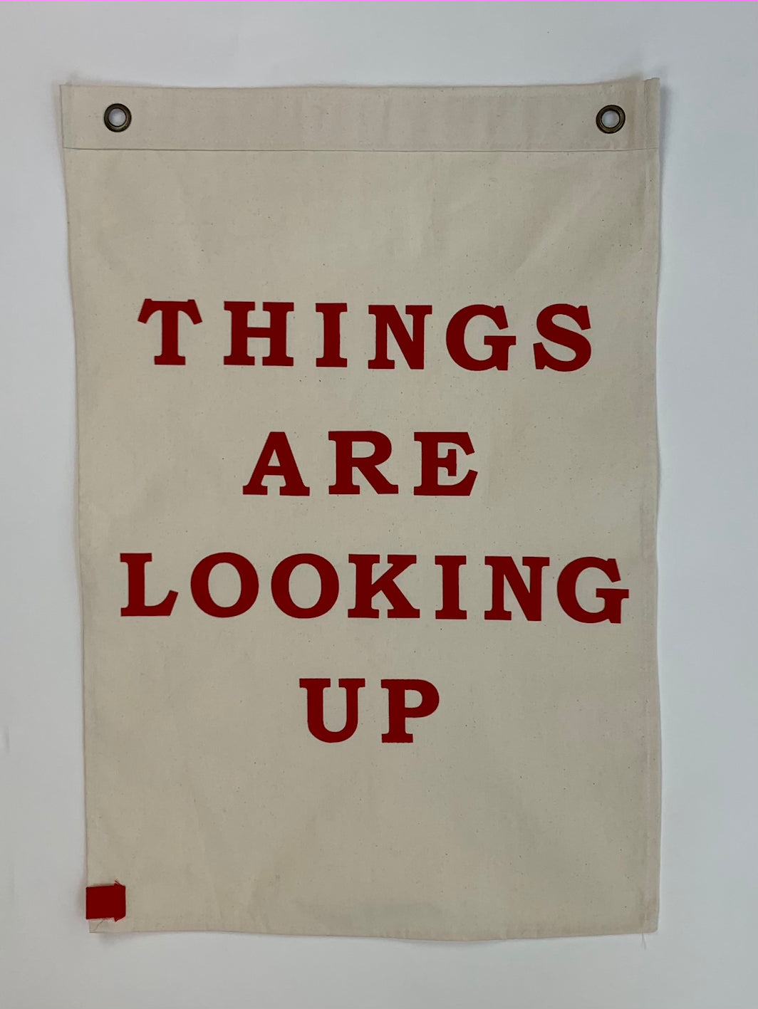 THINGS ARE LOOKING UP - RED ON WHITE HAND MADE FLAG